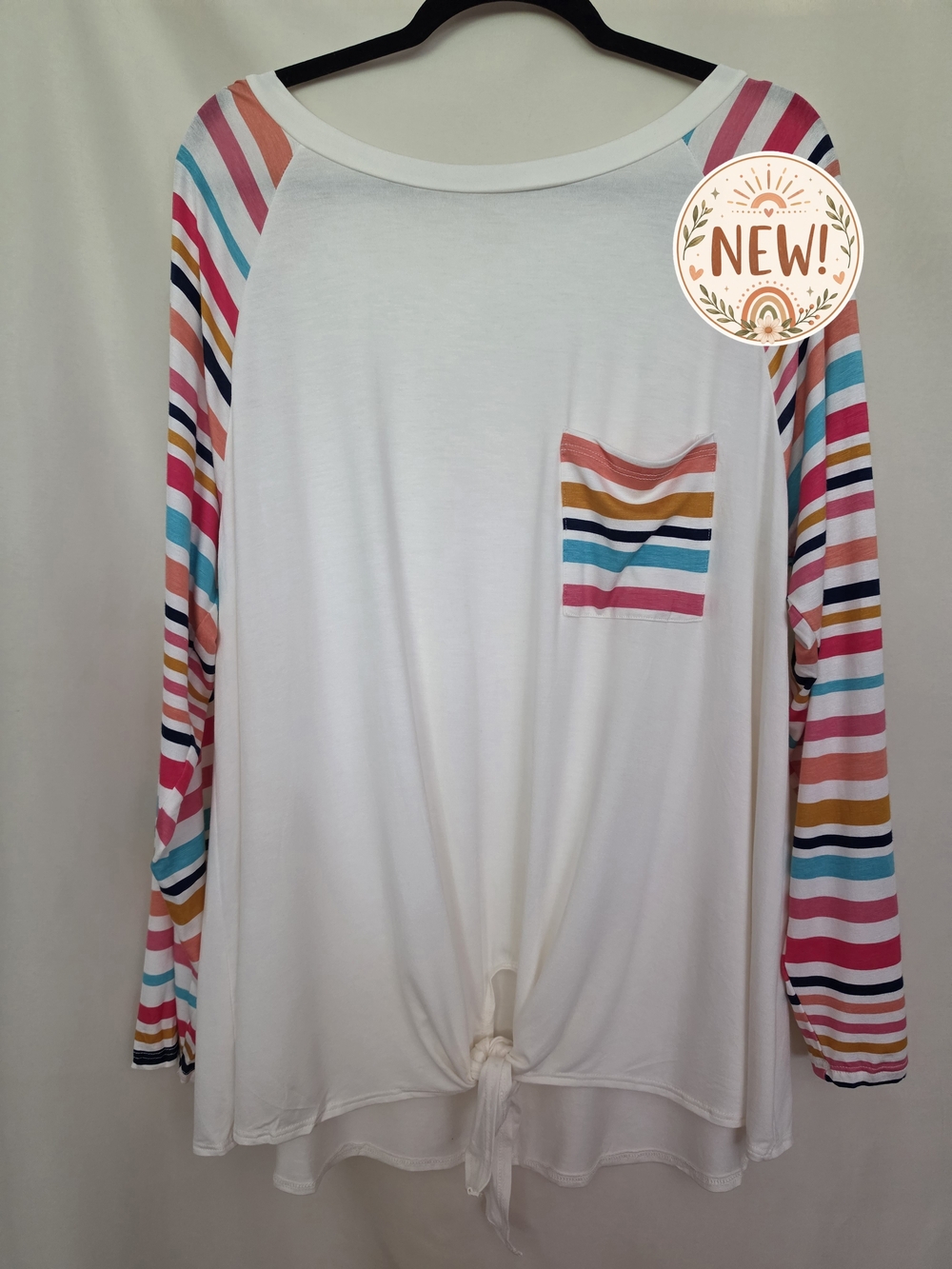 e.Luna New Cream & Multi Striped Tie-Front Top 1X+